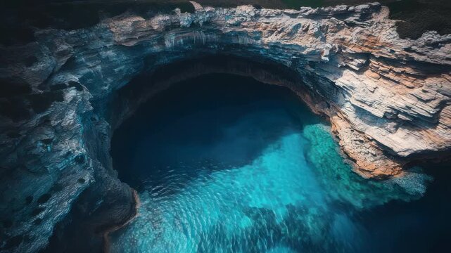 A stunning aerial view of a dark, cavernous sinkhole with crystal-clear turquoise water