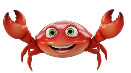 Cartoon red crab PNG isolated on transparent background, cheerful crustacean with big claws and a happy smile for kids design