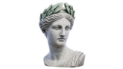 Cracked marble bust of a woman with laurel wreath isolated PNG, ancient Greek sculpture on...