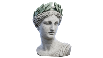 Cracked marble bust of a woman with laurel wreath isolated PNG, ancient Greek sculpture on transparent background, art history concept