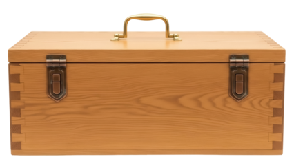 Wooden toolbox with metal handle isolated PNG, vintage storage container for tools and equipment on transparent background