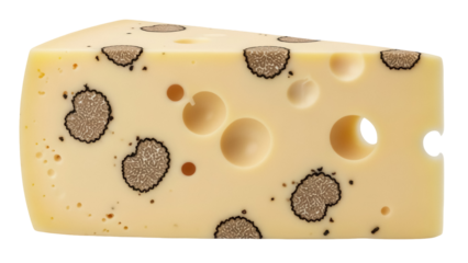 Wedge of truffle cheese PNG isolated on transparent background, gourmet dairy product with black truffle pieces for culinary use