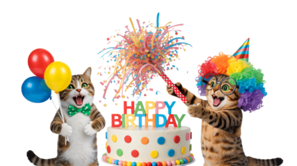 Two cats celebrating birthday in colorful party hats with balloons and cake in bright festive lighting for greeting card