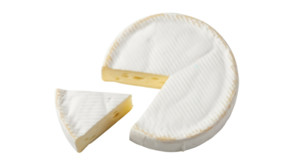 Delicious brie cheese wheel with a cut piece isolated PNG, creamy dairy product on transparent background for gourmet food concepts