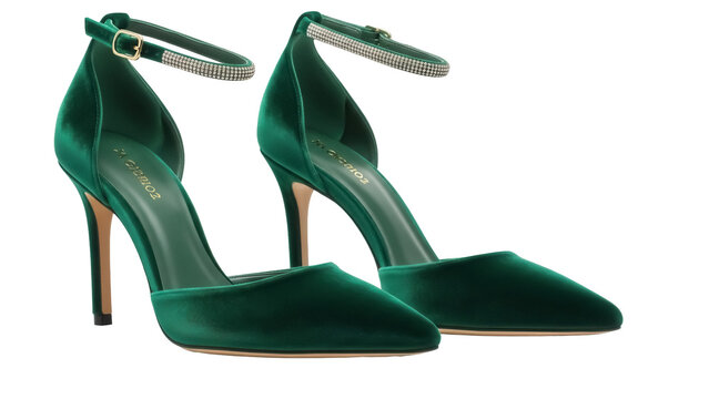 Elegant emerald green velvet high heel shoes isolated PNG, stylish footwear with ankle strap for fashion and special occasions