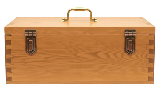Wooden toolbox with metal handle isolated PNG, vintage storage container for tools and equipment on transparent background