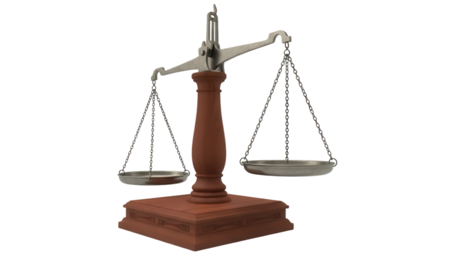 Antique balance scale isolated PNG, vintage weighing tool with chains and trays for justice, law, and measurement concepts on transparent background - Powered by Adobe