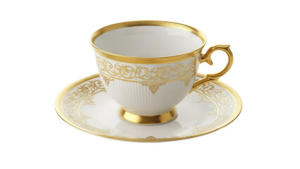 Fototapeta premium Elegant porcelain teacup and saucer with gold trim isolated PNG, vintage tableware for afternoon tea and special occasions