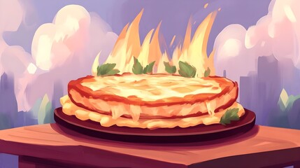 Flaming pizza disaster urban kitchen digital art vibrant cityscape playful concept