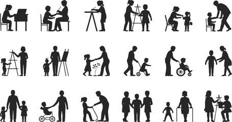 Obraz premium Family education silhouette set showing parents children learning teaching painting playing caring activities isolated white background vector illustration