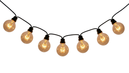 Isolated string of globe lights, warm indoor atmosphere, party mood, cozy and inviting