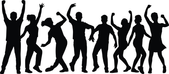 Dance silhouettes, celebration pose, joyful movement, black vector, expressive gesture, freedom icon, isolated graphic, energetic stance, party moment, body language © Creative Asif