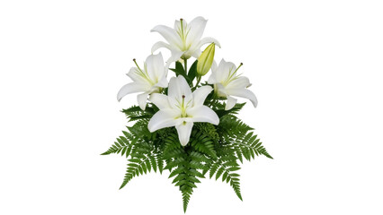 Isolated centerpiece arrangement of cut white lilies with green leaves, floral decoration © Maria