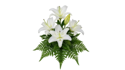 Isolated centerpiece arrangement of cut white lilies with green leaves, floral decoration