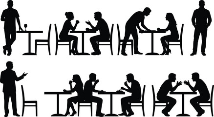 Restaurant silhouette icons, café interaction figures, black people clipart, dining poses, social scene design, isolated vector set