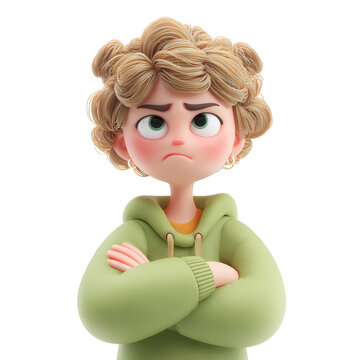 Unhappy 3d cartoon girl with crossed arms showing frustration on annoyance transparent background