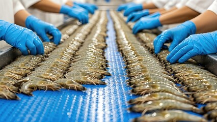 Workers in blue gloves are processing fresh shrimp on a conveyor belt in a seafood production facility, showcasing the food production process and quality control measures