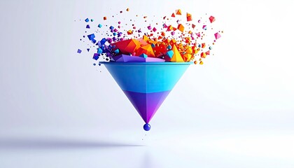 Colorful geometric shapes burst from a funnel against a white background