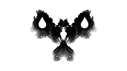 Rorschach test inkblot with teardrop shapes isolated on a transparent background symmetrical black and white