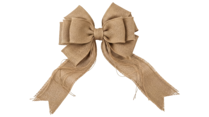 Isolated burlap ribbon bow with frayed edges for country rustic craft and decor element