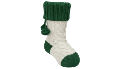 Isolated Christmas Stocking with Green Cuff and Toe, Holiday Celebration, Knit Wool Texture