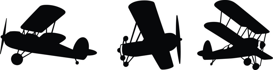 Biplane, silhouette, aircraft, vintage, propeller, aviation, icon, vector, black, isolated, flight, wings, classic, design, plane, old, retro, angle, collection, profile © Creative Asif