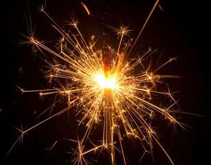 Burning sparkler emits golden light and sparks against black background