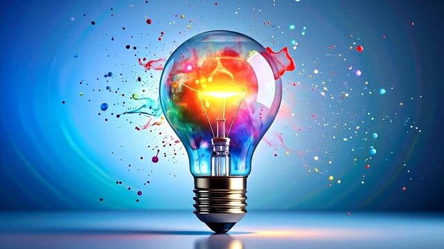 A vibrant, illuminated lightbulb bursts with colorful energy against a soft, gradient blue background