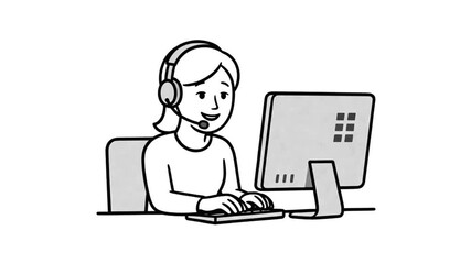 Friendly Virtual Support Animation: A professional woman wearing a headset and smiling while providing efficient online assistance via her computer.