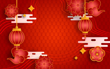 Classic Red Lanterns And Clouds Motif For Chinese New Year Background