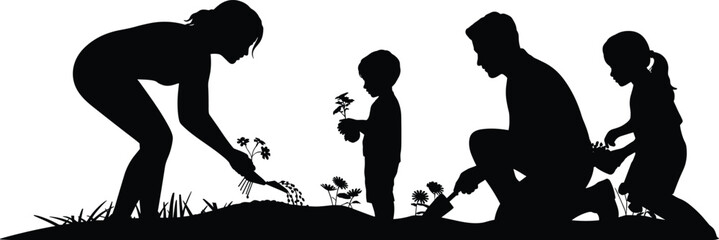 Family gardening together, teamwork in nature, kids planting flowers, outdoor activity, eco-friendly lifestyle, silhouette illustration, spring garden, bonding moment, black vector © Creative Asif