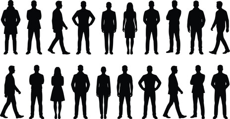 Standing and walking silhouettes, black human figures, diverse postures, male and female icons, body language clipart, isolated design, vector set © Creative Asif