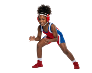 Smiling Young Boy Wrestler in Red and Blue Singlet and Headgear Isolated on White