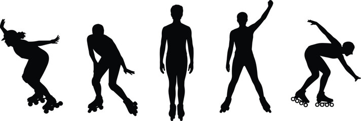 Roller skating silhouettes, dynamic poses, quad skates, inline motion, black vector, athletic icon, recreational gesture, isolated graphic, skating stance, movement art © Creative Asif