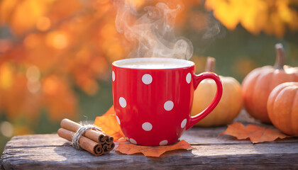 A warm cup of hot tea with cinnamon sticks sits on a wooden table, releasing fresh steam and a rich aroma alongside coffee beans and a white mug in a cozy morning cafe setting