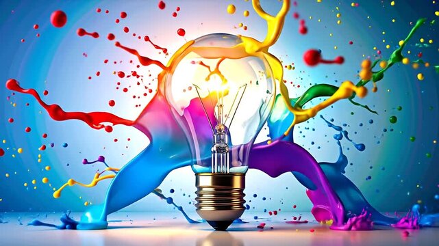 A glowing lightbulb is surrounded by vibrant, colorful paint splatters, suggesting creativity