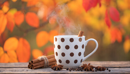 A hot breakfast beverage featuring a cafe espresso in a white ceramic mug on a saucer with cinnamon sticks, aromatic spices, and brown coffee beans scattered on a wooden table