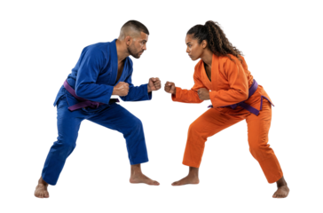 Man and Woman Martial Artists in Blue and Orange Gis Facing Off in Fighting Stance