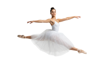 Elegant Female Ballet Dancer Performing Grand Jeté Leap Isolated on White Background