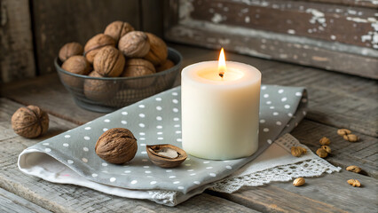 Christmas still life with a flickering candle and festive decorations on a table featuring spa elements like flowers and stones for a relaxing holiday wellness aromatherapy session
