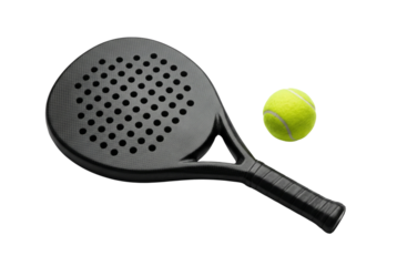 Black Padel Racket and Yellow Tennis Ball Isolated on White Background