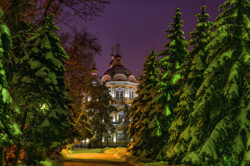 Built in 1907, the unique wooden Orthodox Ascension Cathedral in the Kazakh city of Almaty on a winter evening