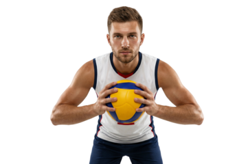Young Male Volleyball Player Holding Ball in Ready Stance Isolated on White Background