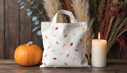 A glowing Halloween jack o' lantern sits on a wooden table alongside a flickering candle flame and spa aromatherapy stones to create a relaxing zen holiday decoration