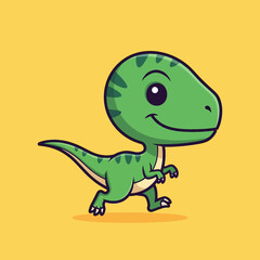Obraz premium Cute cartoon dinosaur running on yellow background.