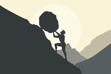 Silhouette of strong man pushing huge boulder uphill on steep mountain, flat vector illustration symbolizing hard work, struggle, perseverance, challenge, motivation and never give up attitude. © Snezana