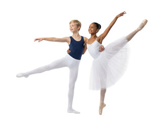 Young male and female ballet dancers posing in classic positions on white background