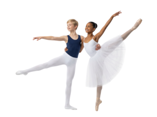 Young male and female ballet dancers posing in classic positions on white background
