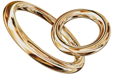 Two interconnected gold rings isolated on transparent background luxury golden metal circles elegant jewelry design concept abstract shiny reflective round shapes