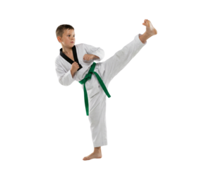 Boy in White Martial Arts Uniform with Green Belt Performing High Kick Isolated